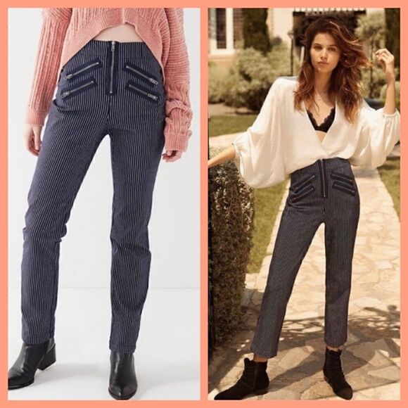 SILENCE & NOISE MALORIE HIGH RISE STRIPED ZIPPER PANTS 2 - Picture 1 of 7